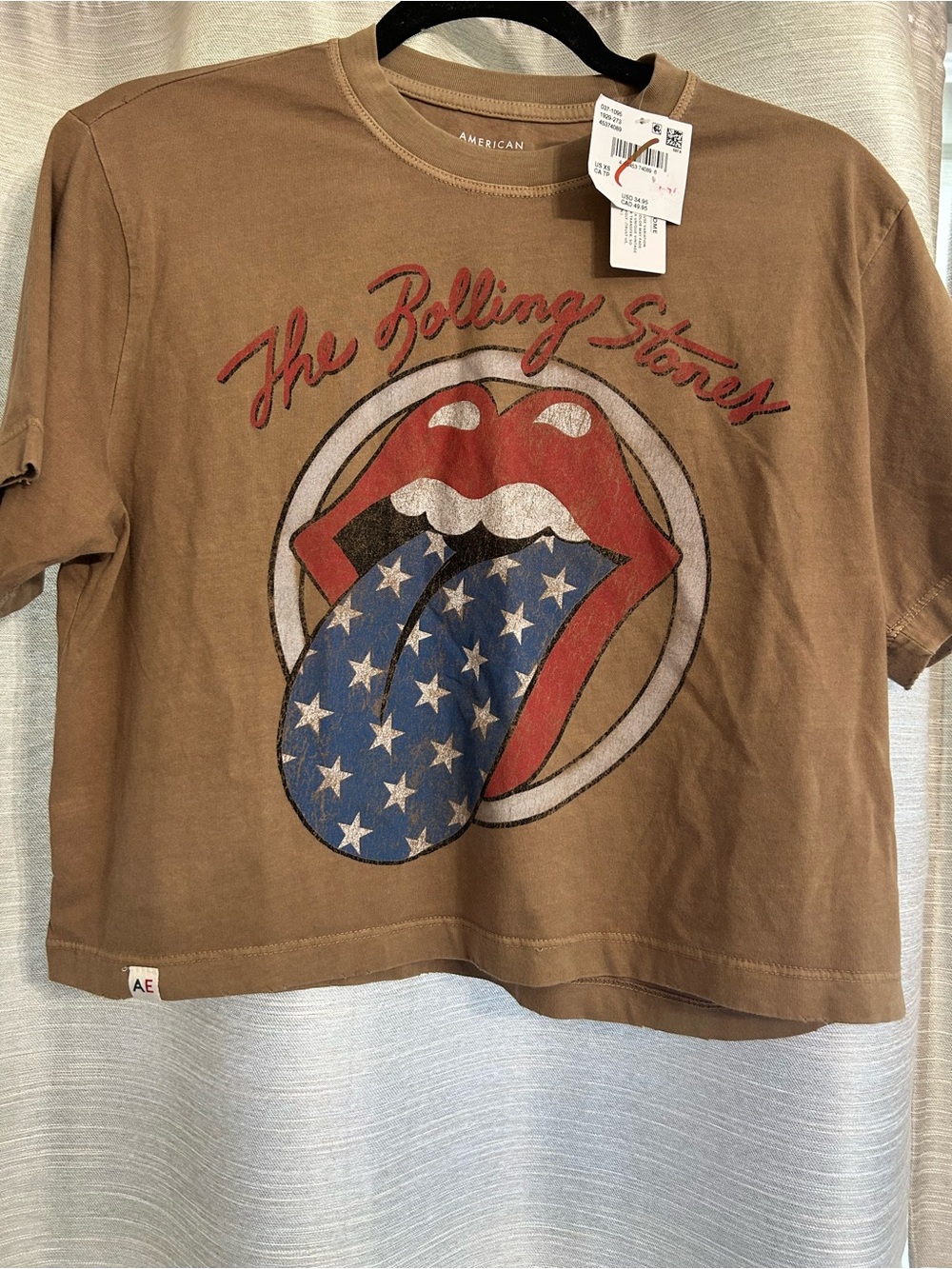American Eagle Outfitters Brown Rolling Stones Logo Tee with Red & Blue Graphic